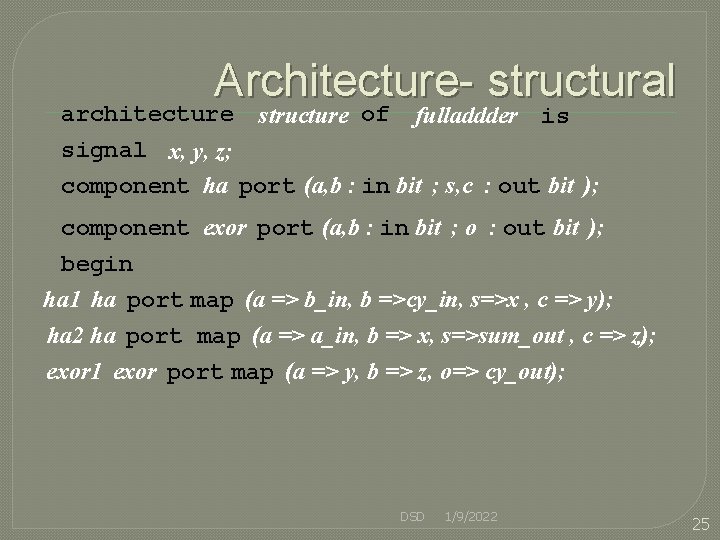 Architecture- structural architecture structure of fulladdder is signal x, y, z; component ha port