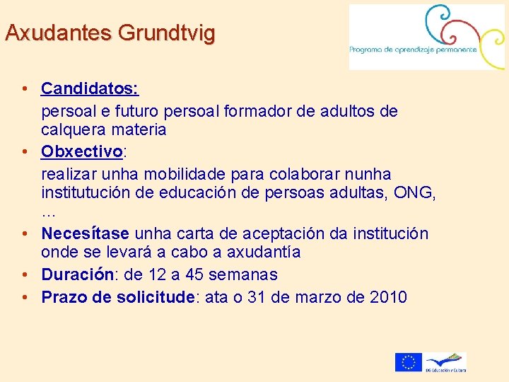 Axudantes Grundtvig • Candidatos: persoal e futuro persoal formador de adultos de calquera materia