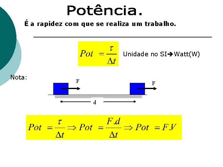 É a rapidez com que se realiza um trabalho. Unidade no SI Watt(W) Nota: