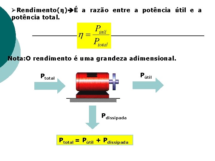 ØRendimento(η) É a razão entre a potência útil e a potência total. Nota: O