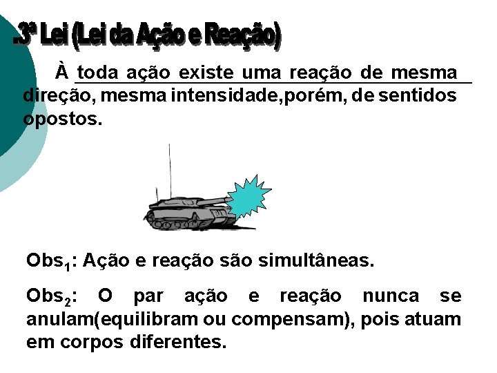 À toda ação existe uma reação de mesma direção, mesma intensidade, porém, de sentidos