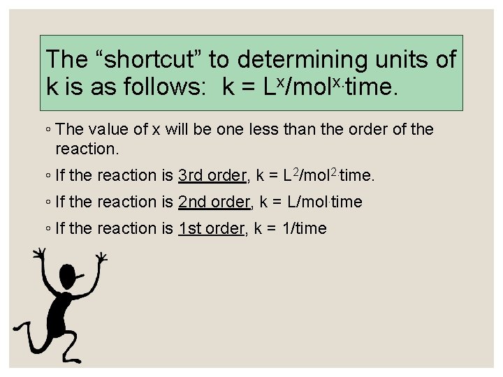The “shortcut” to determining units of k is as follows: k = Lx/molx. time.