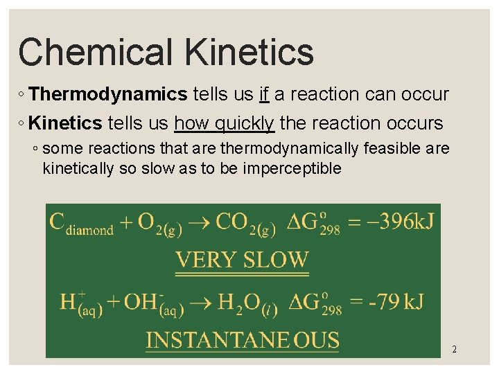 Chemical Kinetics ◦ Thermodynamics tells us if a reaction can occur ◦ Kinetics tells