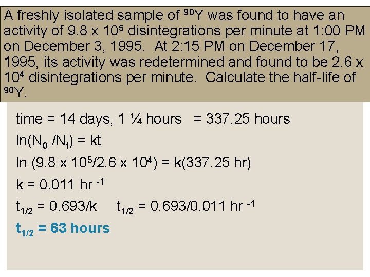 A freshly isolated sample of 90 Y was found to have an activity of