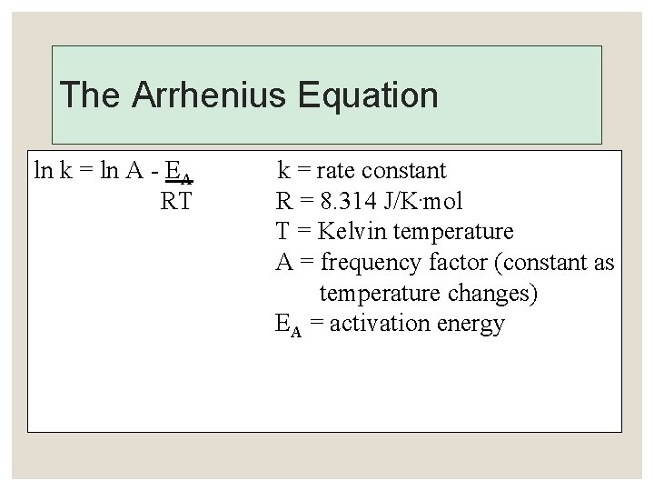 The Arrhenius Equation ln k = ln A - EA RT k = rate