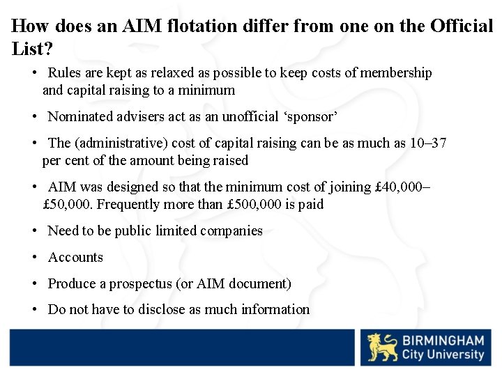 How does an AIM flotation differ from one on the Official List? • Rules