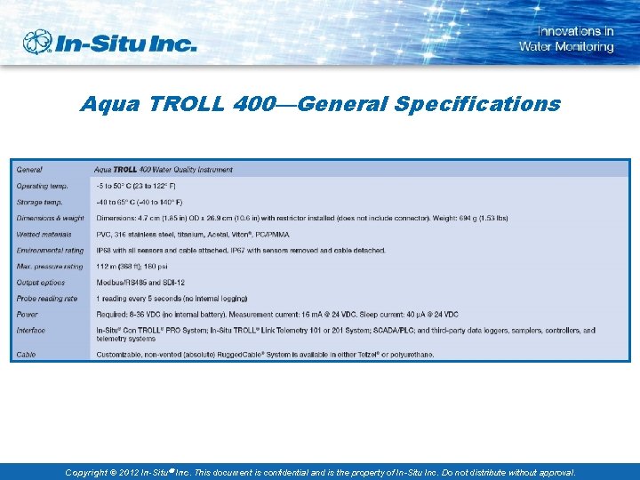 Aqua TROLL 400—General Specifications Copyright © 2012 In-Situ Inc. This document is confidential and