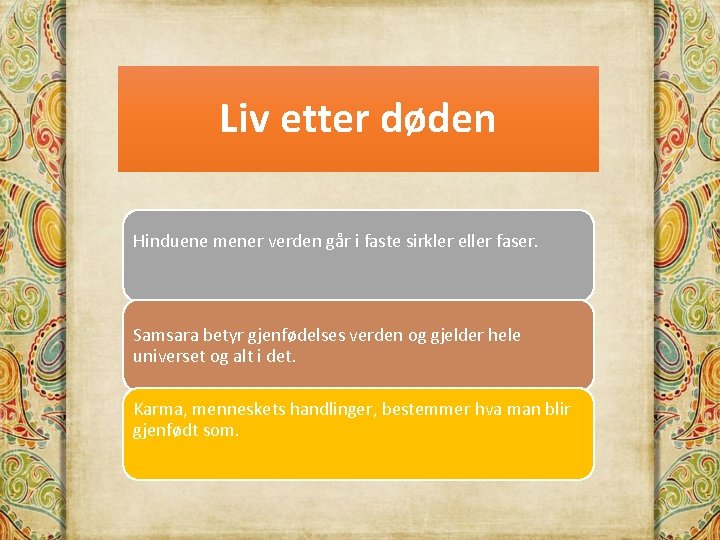 Liv etter døden Hinduene mener verden går i faste sirkler eller faser. Samsara betyr