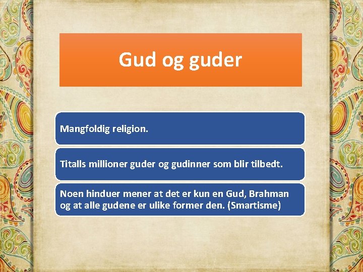 Gud og guder Mangfoldig religion. Titalls millioner guder og gudinner som blir tilbedt. Noen