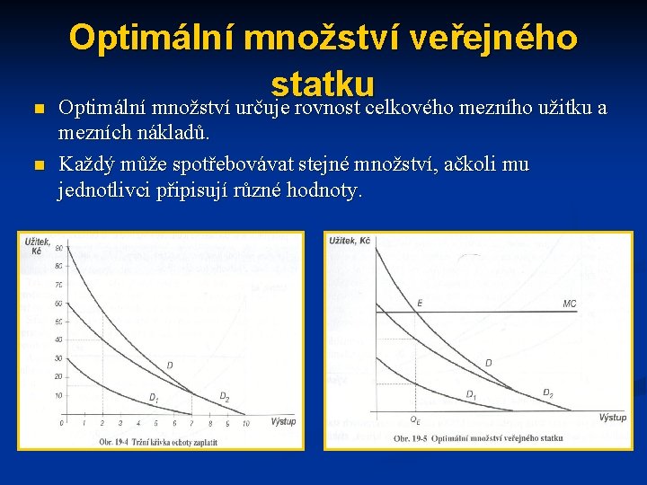 n n Optimální množství veřejného statku Optimální množství určuje rovnost celkového mezního užitku a