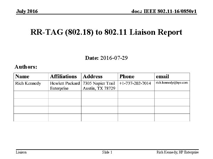 July 2016 doc. : IEEE 802. 11 -16/0850 r 1 RR-TAG (802. 18) to