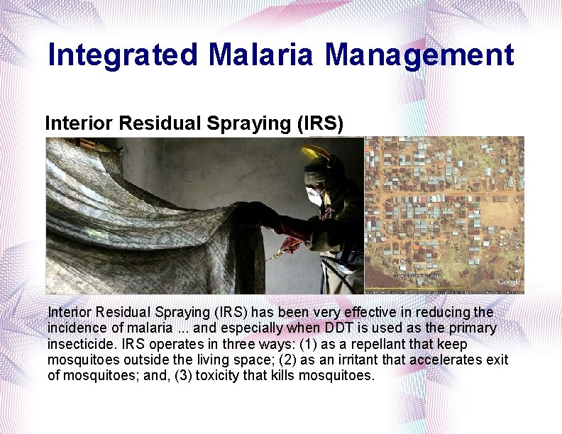 Integrated Malaria Management Interior Residual Spraying (IRS) has been very effective in reducing the