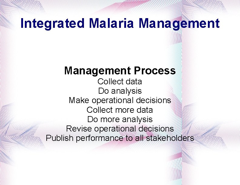 Integrated Malaria Management Process Collect data Do analysis Make operational decisions Collect more data