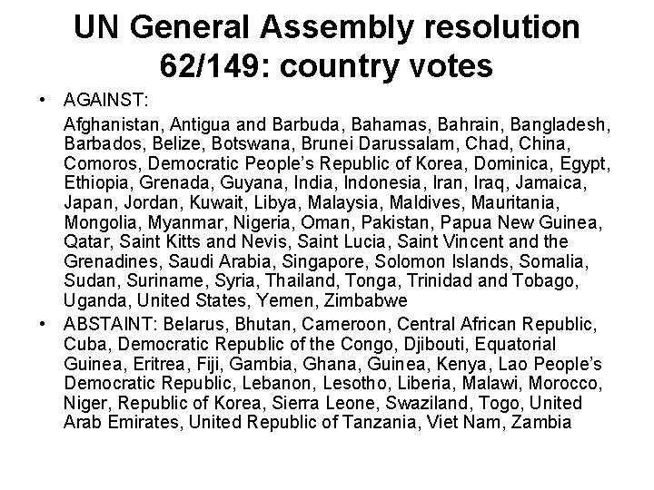 UN General Assembly resolution 62/149: country votes • AGAINST: Afghanistan, Antigua and Barbuda, Bahamas,