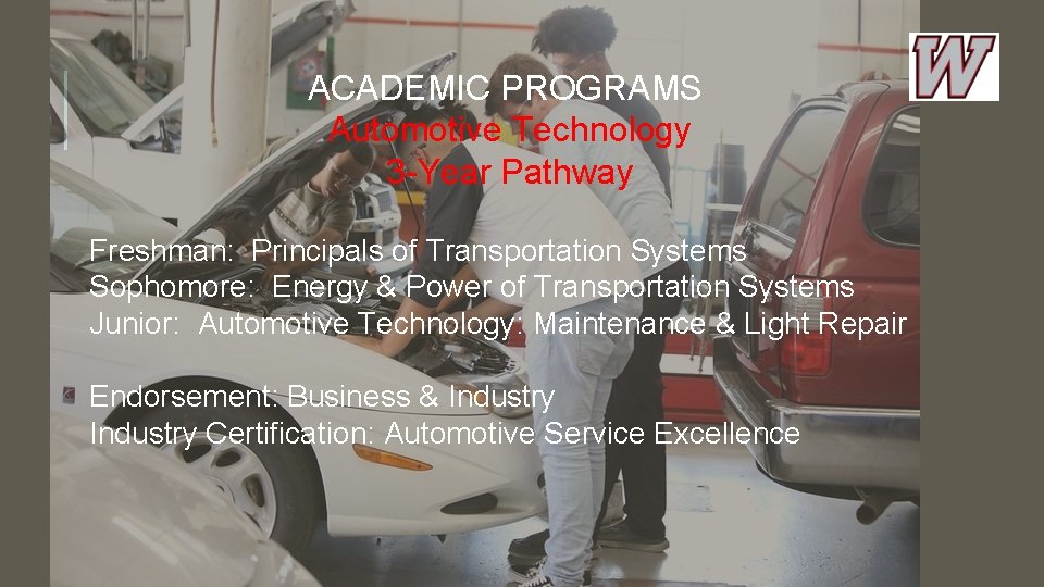 ACADEMIC PROGRAMS Automotive Technology 3 -Year Pathway Freshman: Principals of Transportation Systems Sophomore: Energy