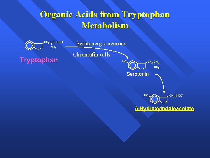 Organic Acids from Tryptophan Metabolism CH 2 -CH- COON NH 2 Tryptophan Serotonergic neurons