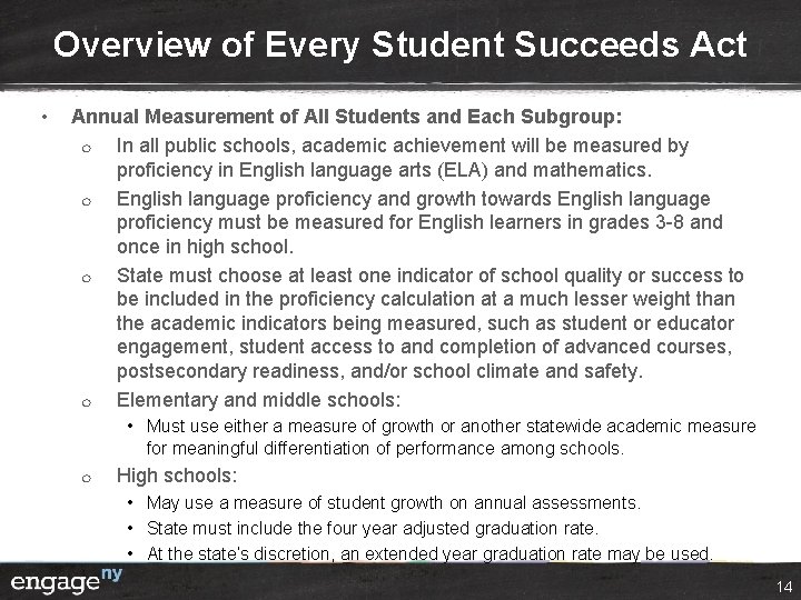 Overview of Every Student Succeeds Act • Annual Measurement of All Students and Each