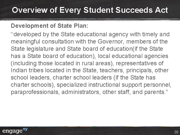 Overview of Every Student Succeeds Act Development of State Plan: ‘‘developed by the State