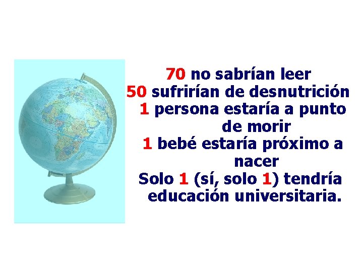 70 no sabrían leer 50 sufrirían de desnutrición 1 persona estaría a punto de