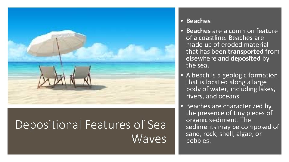 Depositional Features of Sea Waves • Beaches are a common feature of a coastline.