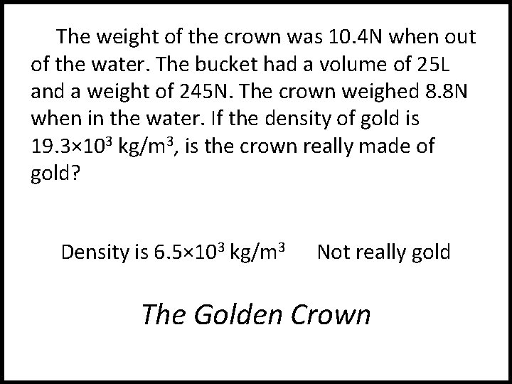 The weight of the crown was 10. 4 N when out of the water.