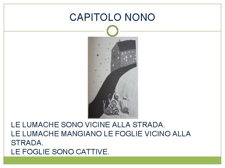 CAPITOLO NONO LE LUMACHE SONO VICINE ALLA STRADA. LE LUMACHE MANGIANO LE FOGLIE VICINO