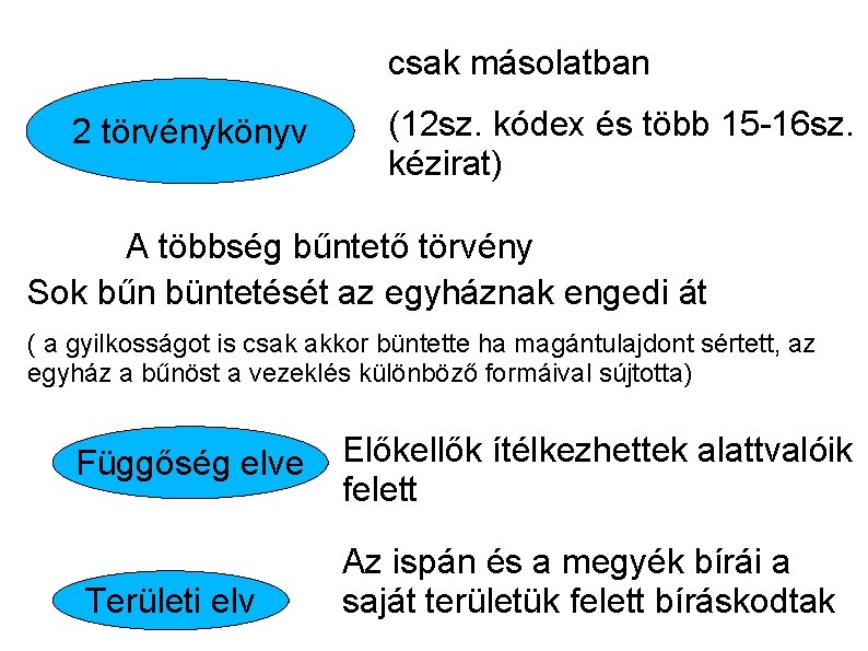 csak másolatban 2 törvénykönyv (12 sz. kódex és több 15 -16 sz. kézirat) A