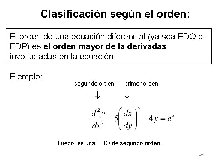 Clasificación según el orden: El orden de una ecuación diferencial (ya sea EDO o