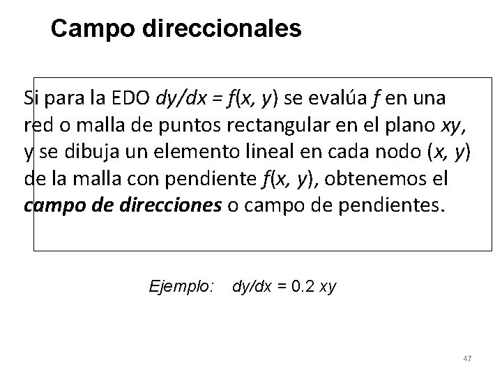 Campo direccionales Si para la EDO dy/dx = f(x, y) se evalúa f en