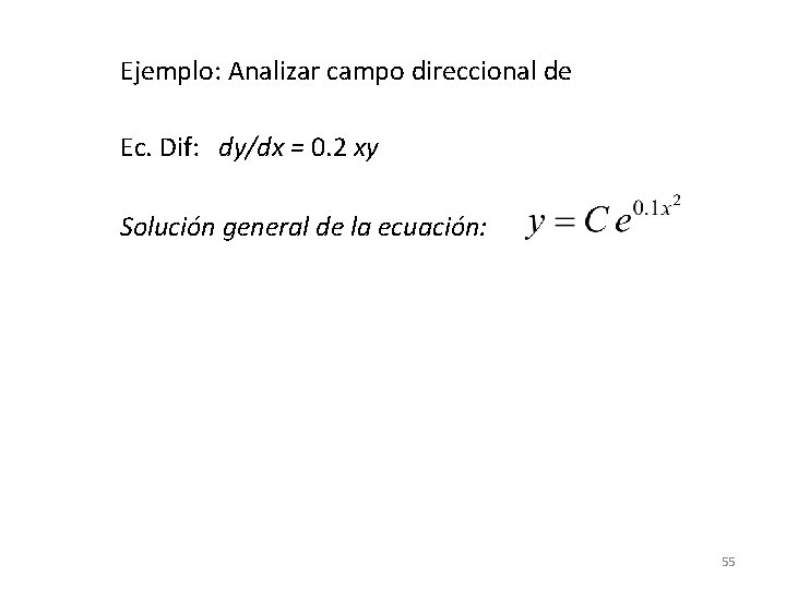 Ejemplo: Analizar campo direccional de Ec. Dif: dy/dx = 0. 2 xy Solución general