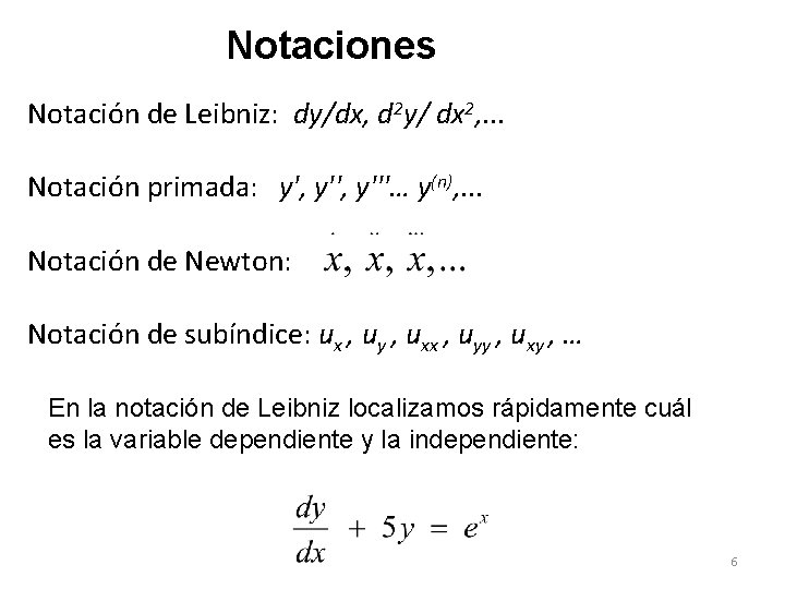 Notaciones Notación de Leibniz: dy/dx, d 2 y/ dx 2, . . . Notación