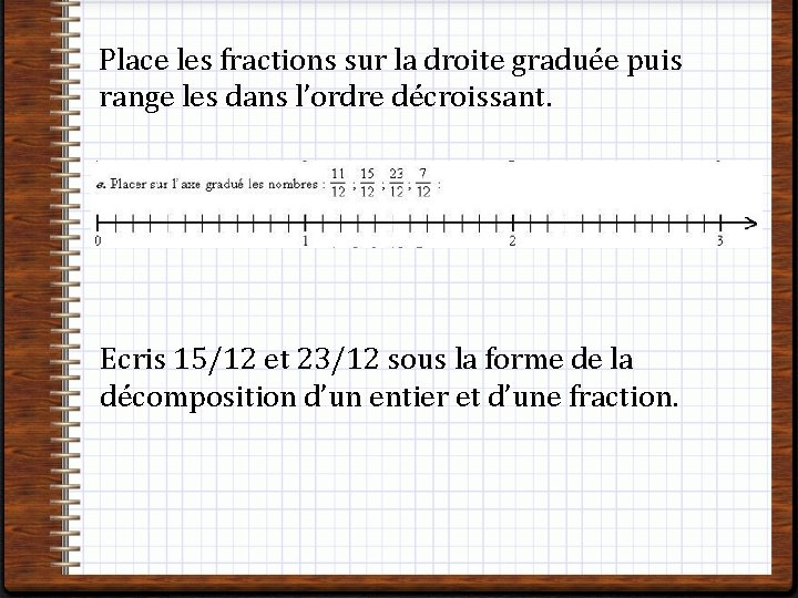 Place les fractions sur la droite graduée puis range les dans l’ordre décroissant. Ecris