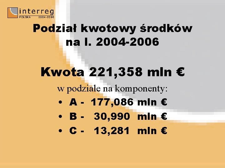 Podział kwotowy środków na l. 2004 -2006 Kwota 221, 358 mln € w podziale