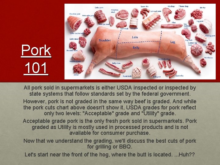 Pork 101 All pork sold in supermarkets is either USDA inspected or inspected by