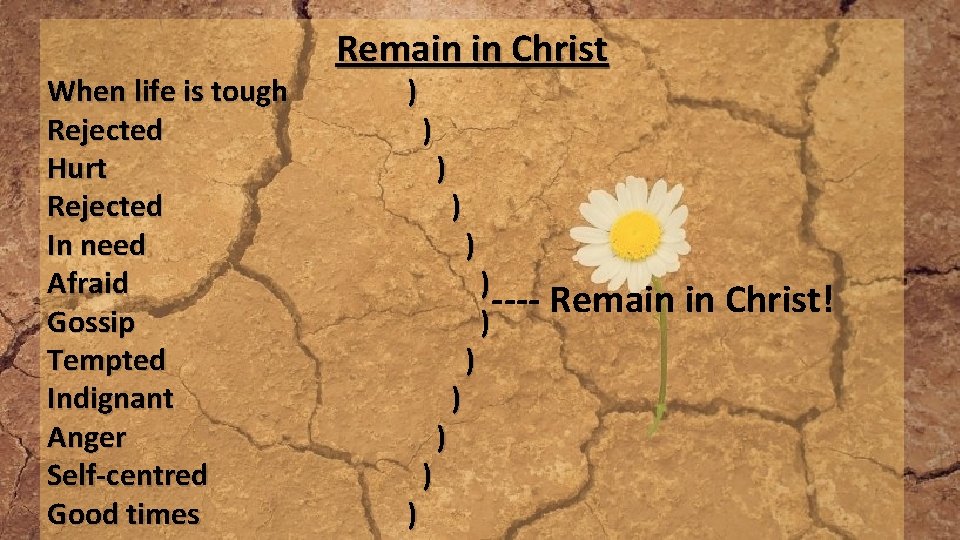 When life is tough Rejected Hurt Rejected In need Afraid Gossip Tempted Indignant Anger