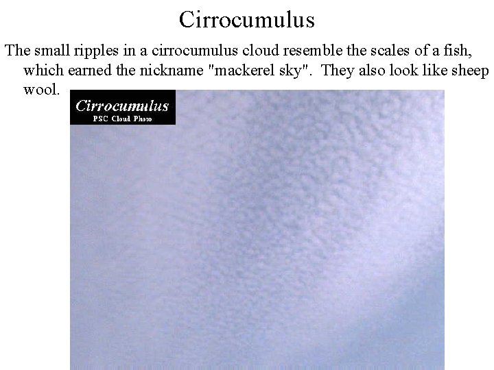 Cirrocumulus The small ripples in a cirrocumulus cloud resemble the scales of a fish, Cirrocumulus The small ripples in a cirrocumulus cloud resemble the scales of a fish,