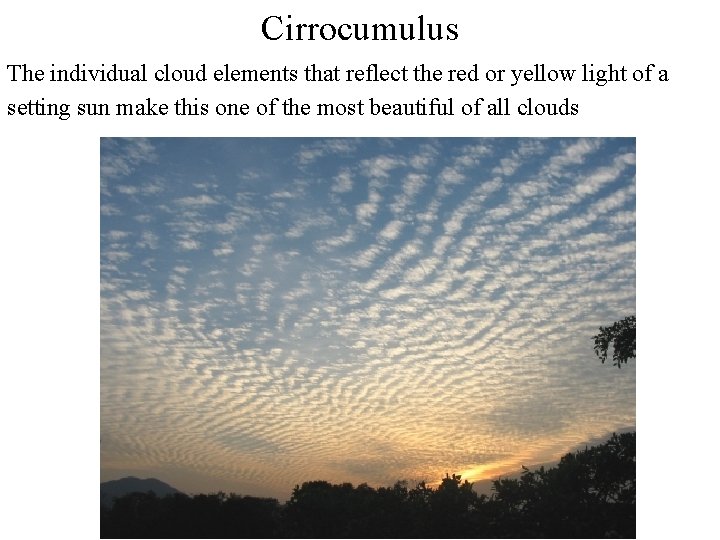 Cirrocumulus The individual cloud elements that reflect the red or yellow light of a Cirrocumulus The individual cloud elements that reflect the red or yellow light of a