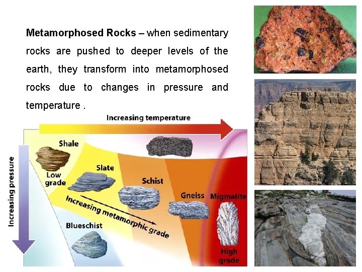 Metamorphosed Rocks – when sedimentary rocks are pushed to deeper levels of the earth,