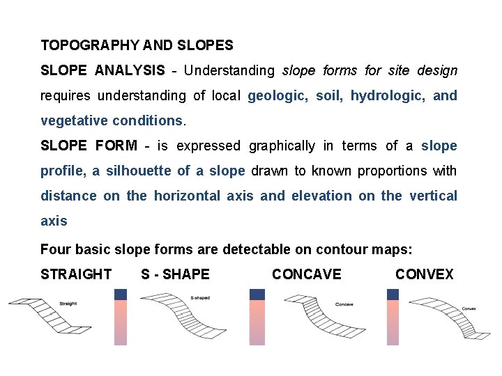 TOPOGRAPHY AND SLOPES SLOPE ANALYSIS - Understanding slope forms for site design requires understanding