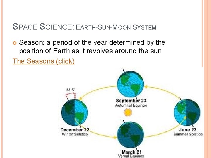 SPACE SCIENCE: EARTH-SUN-MOON SYSTEM Season: a period of the year determined by the position