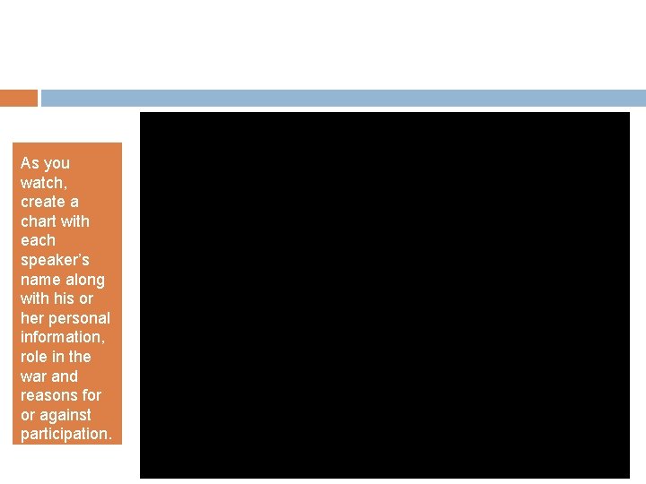 As you watch, create a chart with each speaker’s name along with his or