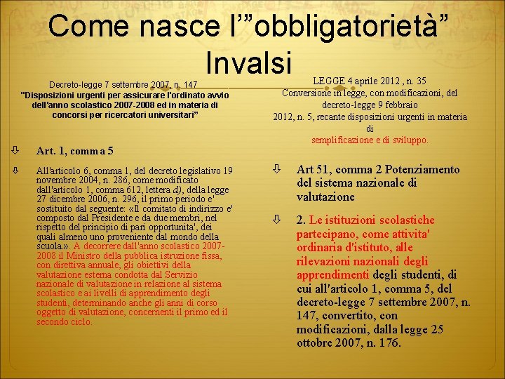 Come nasce l’”obbligatorietà” Invalsi Decreto-legge 7 settembre 2007, n. 147 "Disposizioni urgenti per assicurare