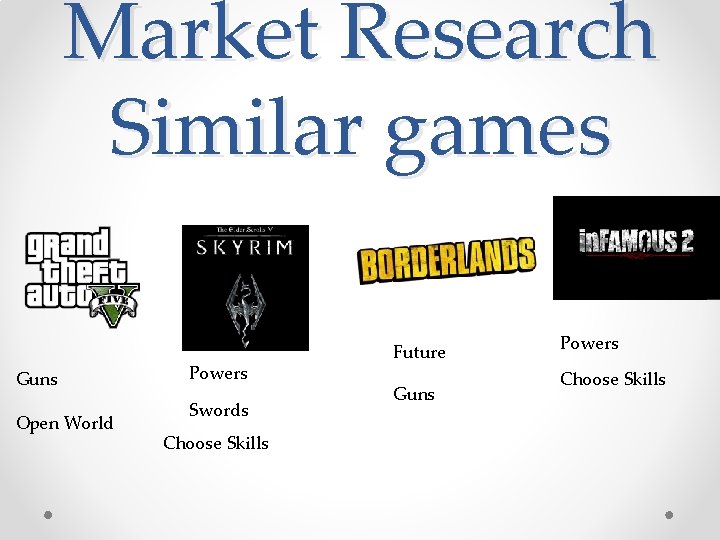 Market Research Similar games Guns Open World Powers Swords Choose Skills Future Guns Powers