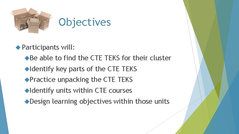 Objectives Participants Be will: able to find the CTE TEKS for their cluster Identify
