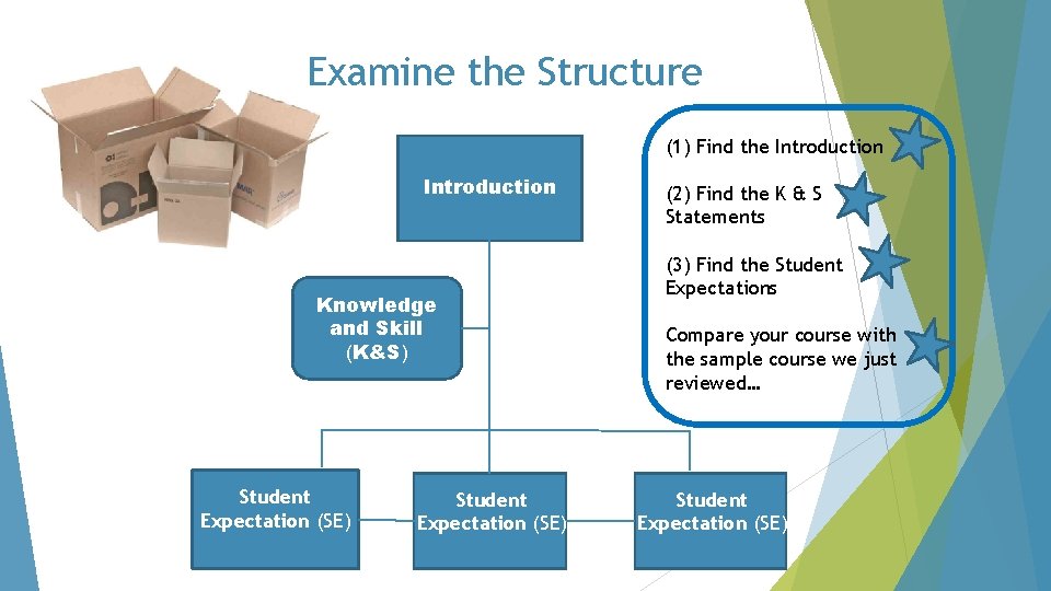 Examine the Structure (1) Find the Introduction Knowledge and Skill (K&S) Student Expectation (SE)