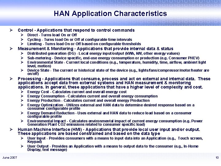 HAN Application Characteristics Ø Control - Applications that respond to control commands Ø Ø