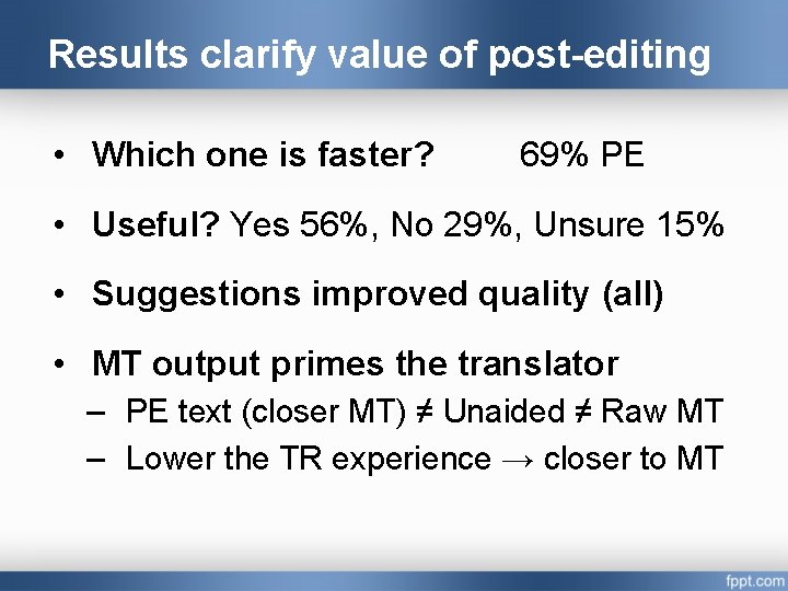 Results clarify value of post-editing • Which one is faster? 69% PE • Useful?