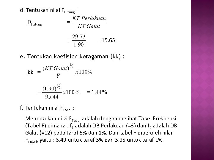 d. Tentukan nilai FHitung : FHitung = 15. 65 e. Tentukan koefisien keragaman (kk)