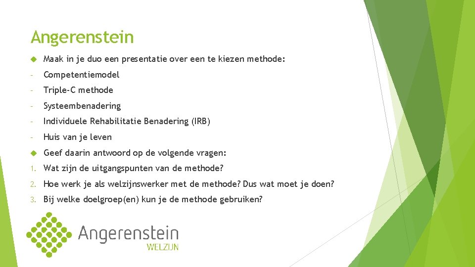 Angerenstein Maak in je duo een presentatie over een te kiezen methode: - Competentiemodel