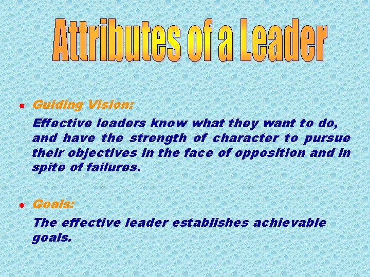 l l Guiding Vision: Effective leaders know what they want to do, and have